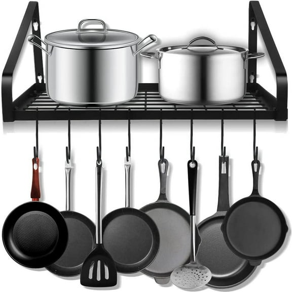 ZAM Hanging Pots & Pans Rack,Wall Mounted Pots Pans Organizer Holder Rack with 8 Hooks, Kitchen Wall Storage Organizer Hanger Shelves for Pans Set, Utensils, Cookware, Books, Household,Black