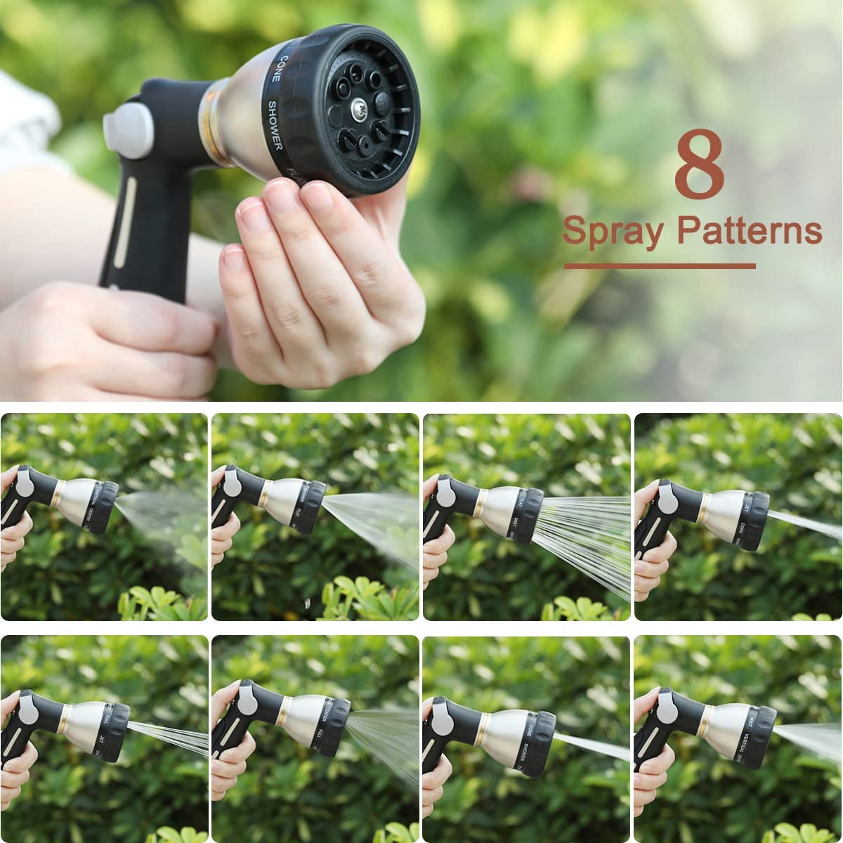 FANHAO Heavy Duty Garden Hose Nozzle with 8 Spray Patterns, Watering Hose Nozzle, Thumb Control