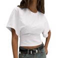 thumbnail image 4 of Qgtaibl Womens Cinched Waist T-Shirts Summer Short Sleeve Crewneck Crop Tops Solid Color Going Out Tees White S, 4 of 5