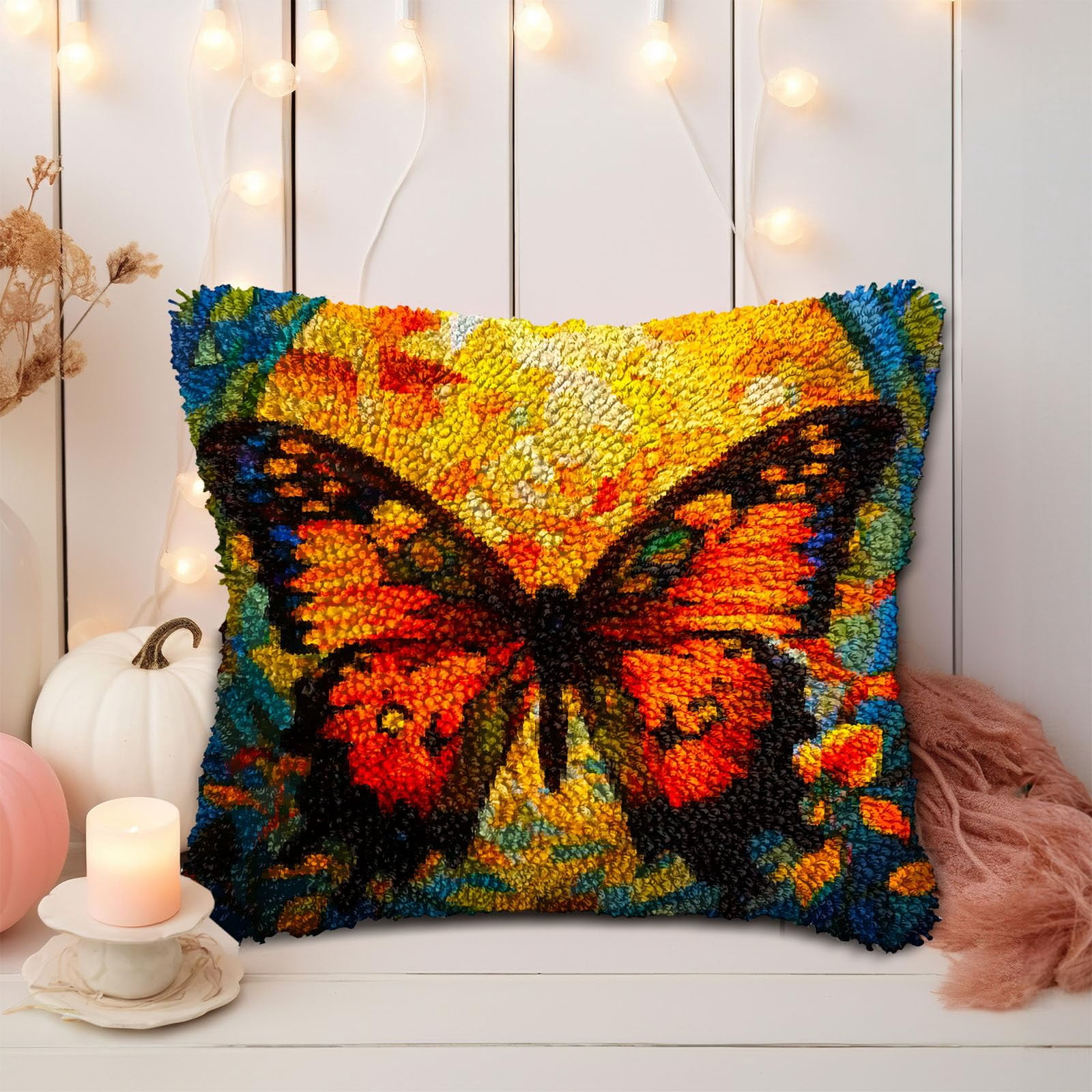Orange Butterfly and Sunset DIY Latch Hook Pillow Kits for Adults Printed Pillowcase Crochet Yarns Hooking Handmade Pillow Cover Cushion for Home Sofa Decoration 17x17inch