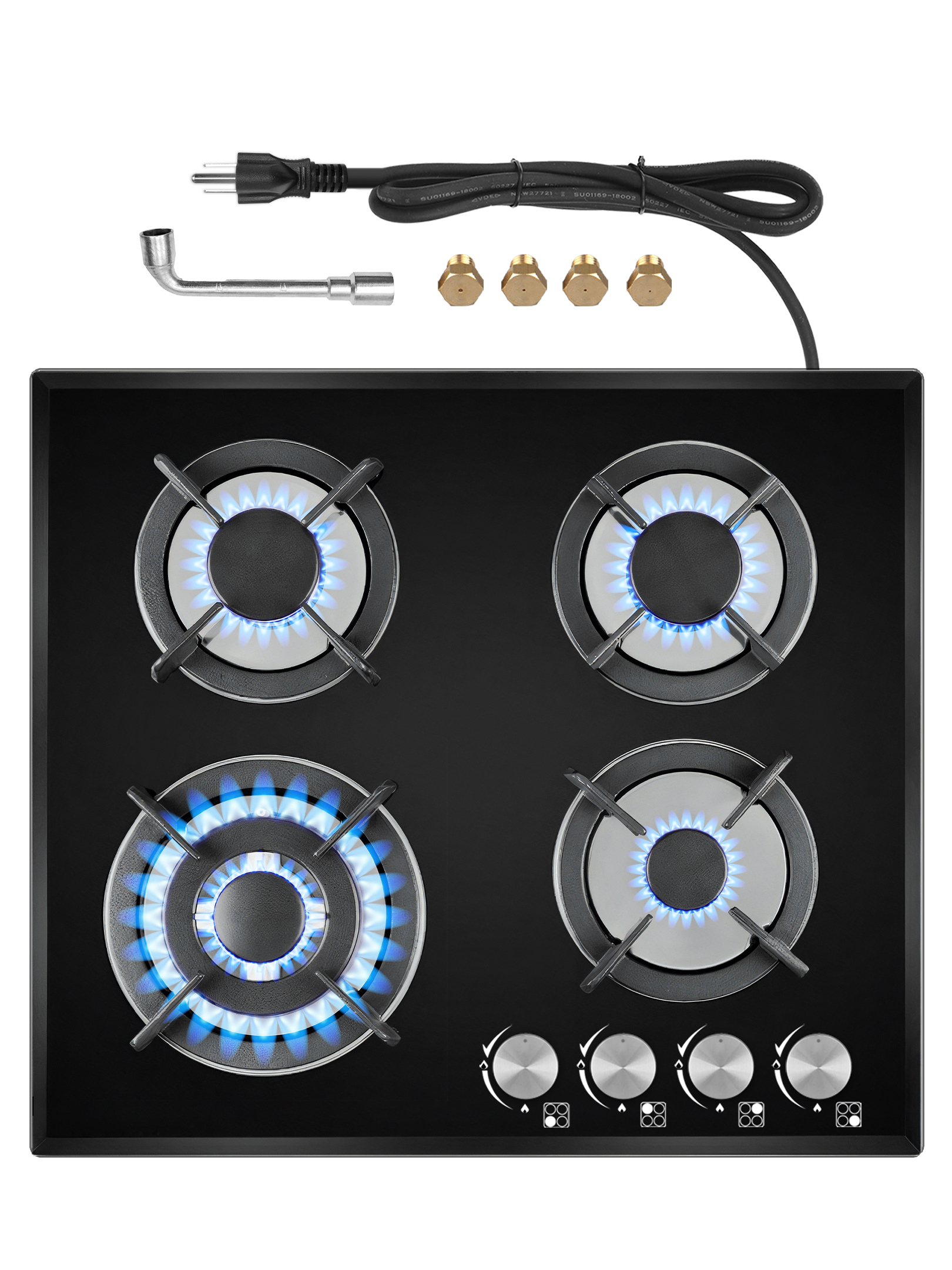 TYEMUI 24 Inch 4-Burner Gas Cooktop – Built-In or Countertop Propane Kitchen Stove, NG/LPG Convertible, Thermocouple Safety, Black Tempered Glass Surface
