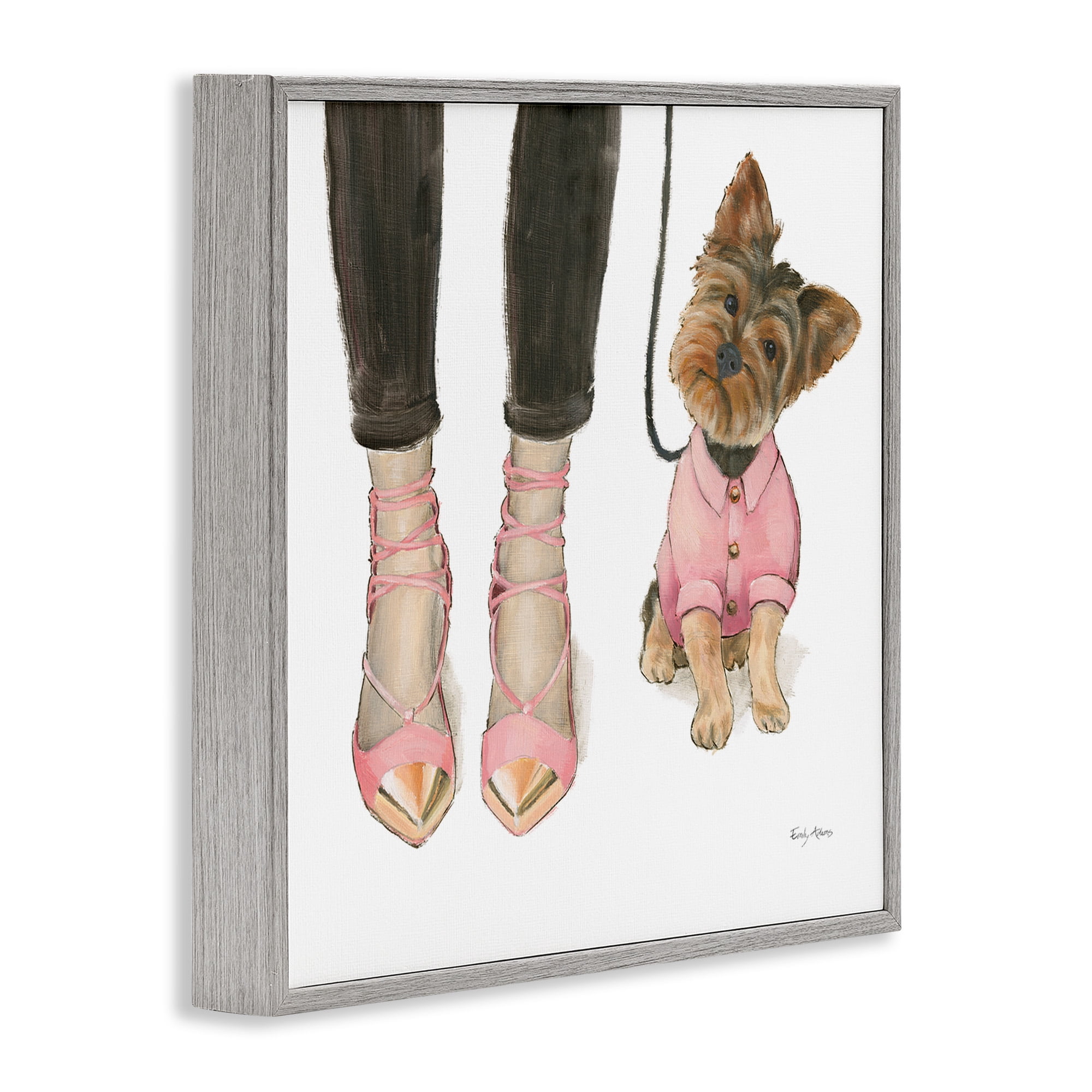Stupell Industries Glam Dog Walk Pink Heels Beauty & Fashion Painting Gray Framed Art Print Wall Art, 24 x 24