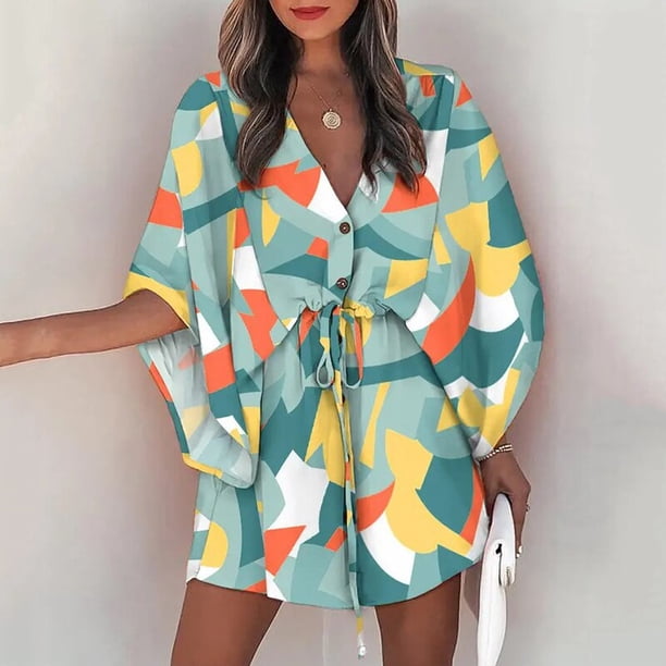 Summer Casual Boho Dresses Women's Flora Printed Batwing Sleeve Lace-Up Dress Female Irregular Sexy Beach Mini Dresses VestidosXXL Gao Jinjia LED