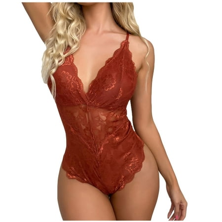 

BIZIZA Babydoll for Women Solid Color Deep V Neck Lace Criss Cross Plus Size Teddy Bodysuit Sexy Lingerie Red XL