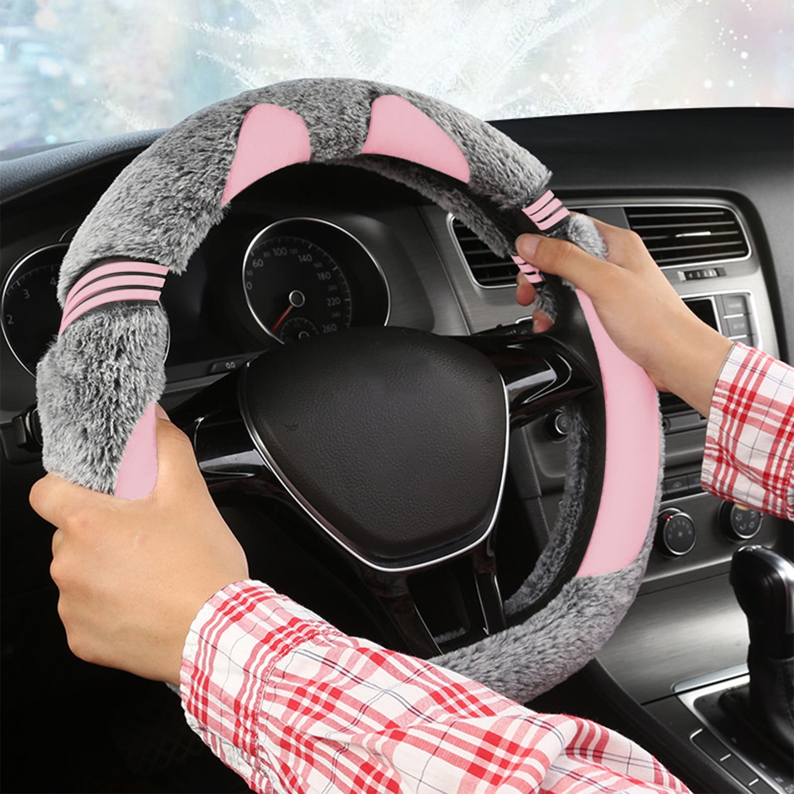Kbndieu Car Steering Wheel Cover Women Man, Fluffy Plush for Winter Warm, Fuzzy Steering Wheel Protector, Universal 14-15 Inch, Soft & Non-Slip, Lovely Decor Winter Car Accessories (Pink)
