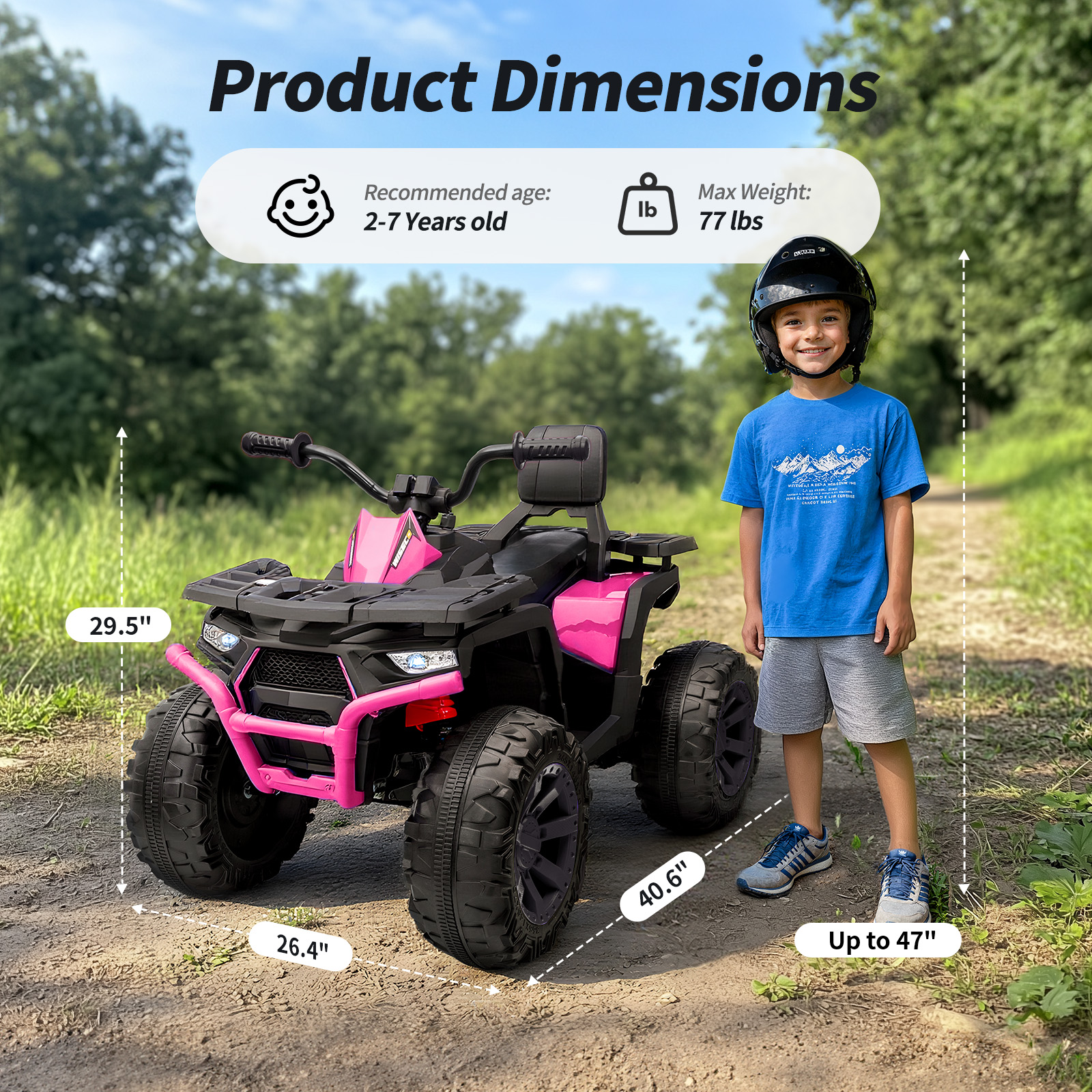 Hikiddo 24V Ride on Toys, Kids ATV 4-Wheeler for Big Kids with 2 Seater, 400W Motor, Bluetooth - Pink