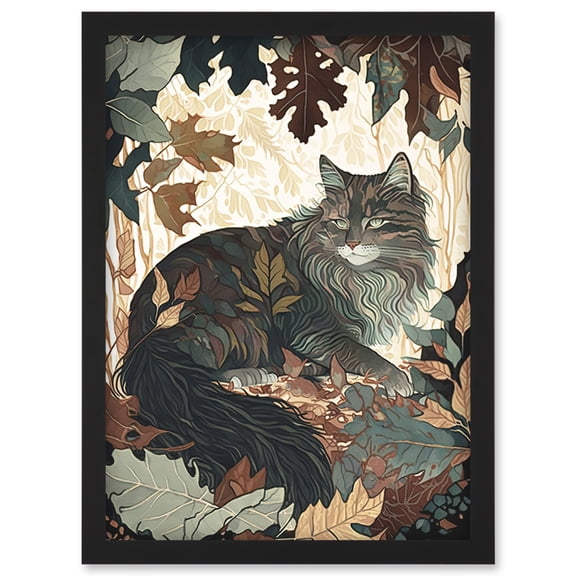 Norwegian Forest Cat Resting Under Bush Trees Modern Illustration Artwork Framed Wall Art Print A4