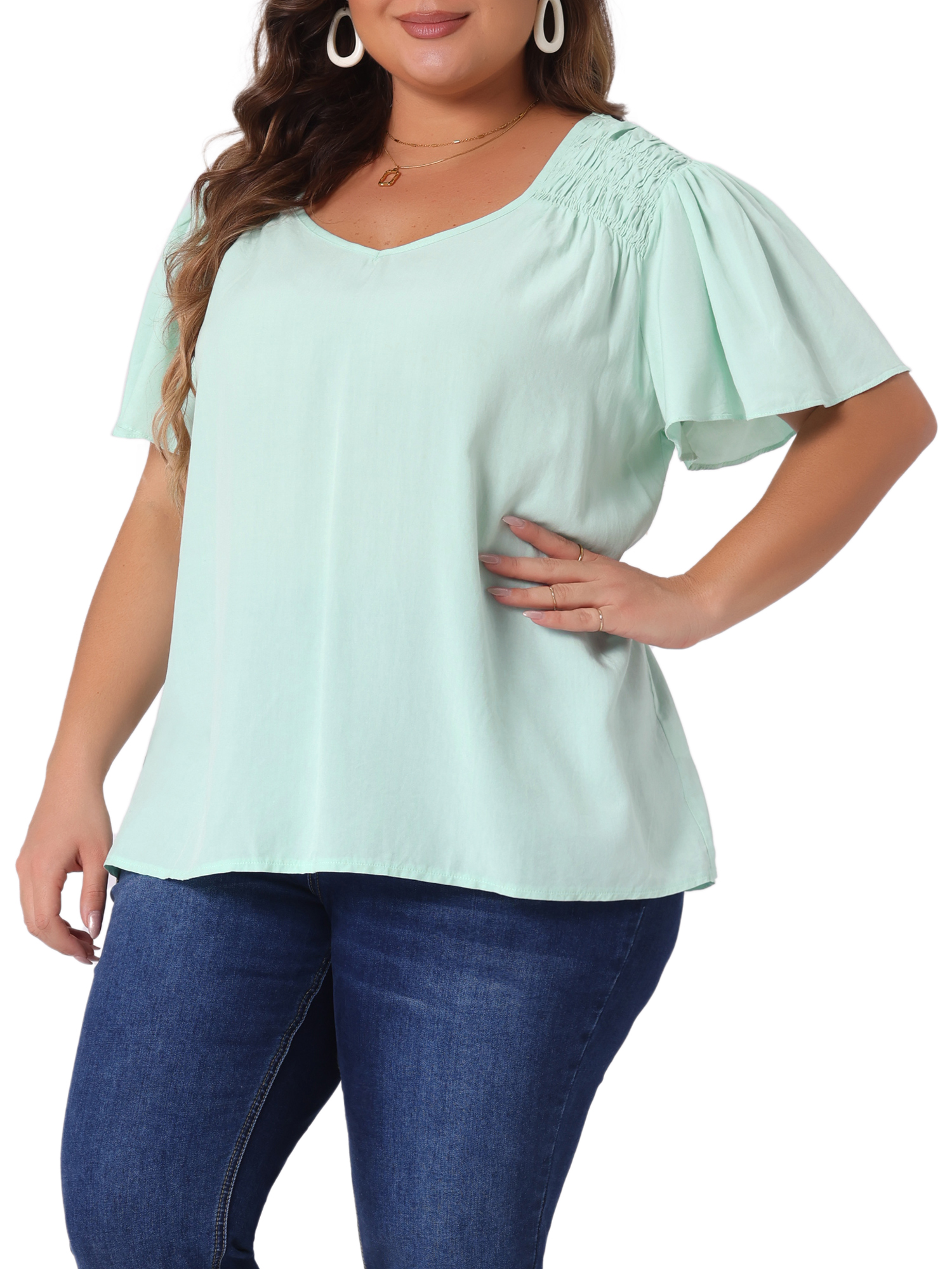 DARING DIVA Women's Plus V Neck Ruffle Sleeve Smocked Shoulder Blouse 3X Light Green