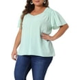 thumbnail image 2 of DARING DIVA Women's Plus V Neck Ruffle Sleeve Smocked Shoulder Blouse 1X Light Green, 2 of 6