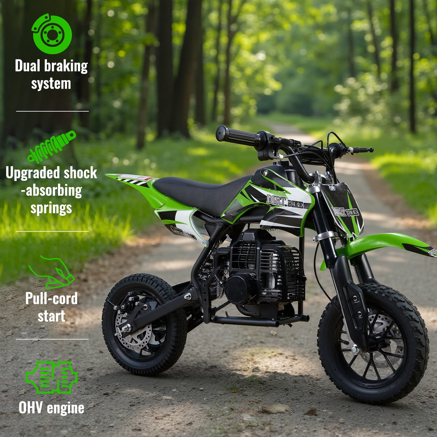 TOXOZERS 50cc 2-Stroke Dirt Bike ,Off-Road Mini Bike for Kids Ages 8+, Pit Bike with Safety Kill Switch, 25mph, 150 lbs, Green