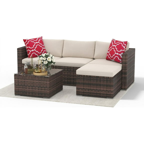 Garvee 5-Piece Patio Furniture Set – Rattan Outdoor Sofa Set with Anti-Slip Cushions, All-Weather Wicker Sectional Sofa with Glass Coffee Table & Ottoman for Balcony, Garden – Brown