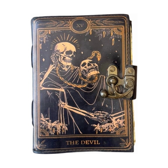 Handmade Leather Journal with Lock – Gothic Skull Art Design, Deckle Edge Paper Notebook, Vintage Antique Diary, Lightweight Sketchbook (5x7)