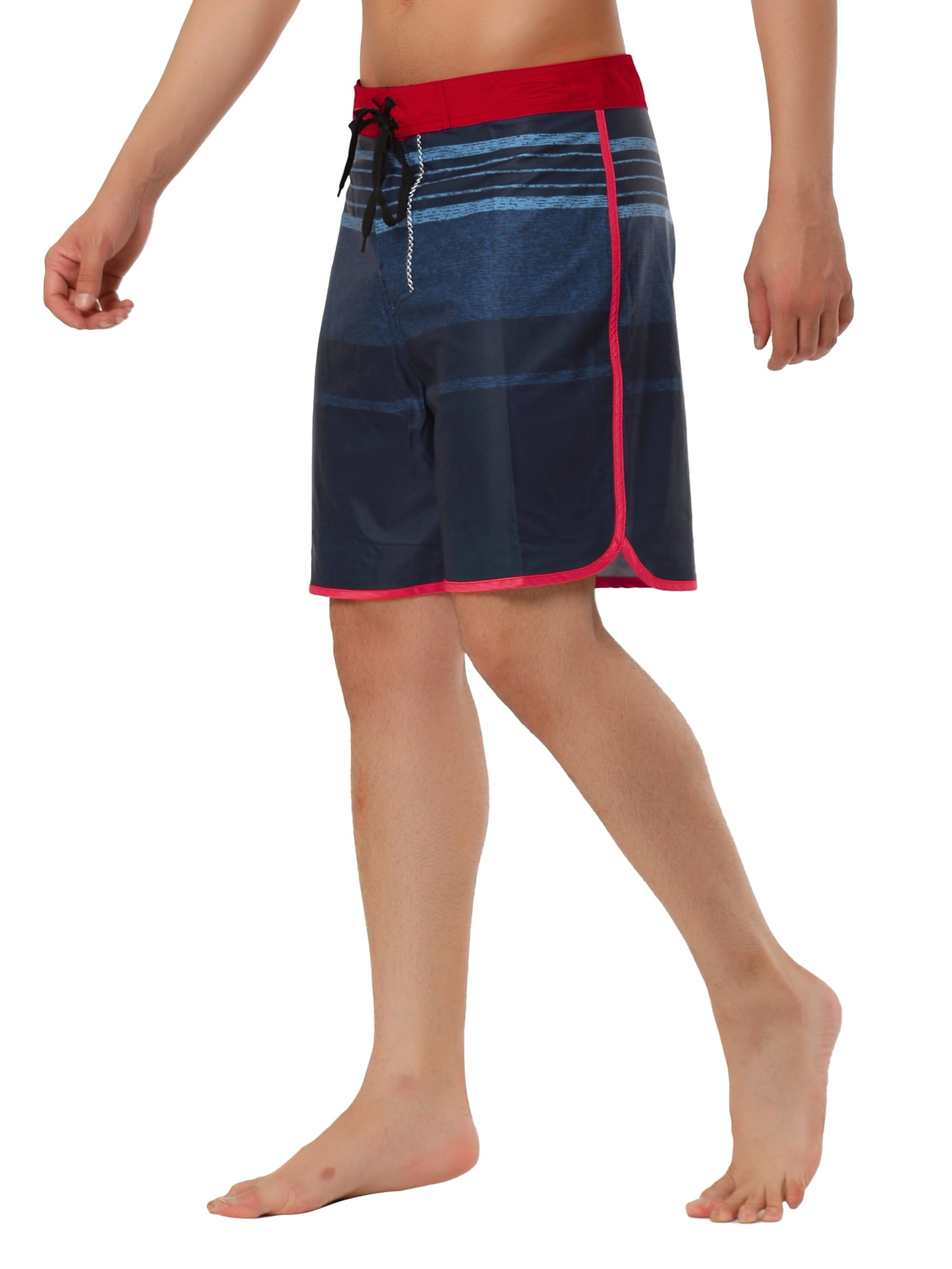 Unique Bargains Men's Summer Printed Drawstring Color Block Swim Beach Shorts 34 Red Navy