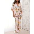 thumbnail image 2 of SUNSIOM Women's Summer 2Pcs Outfits Cartoon Palm Leaf Print Short Sleeves Lapel Tops with Drawstring Pants Set, 2 of 6