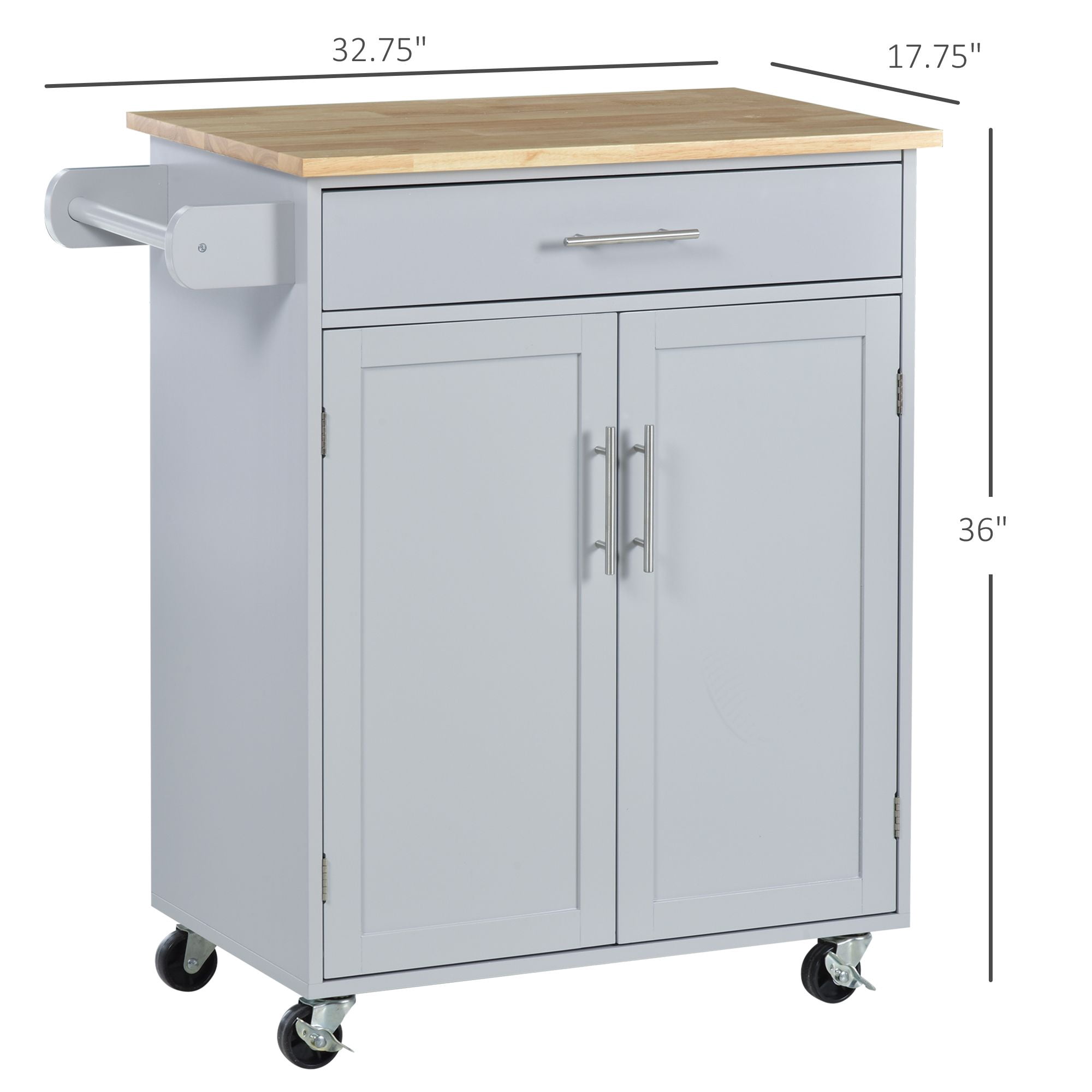Rolling Kitchen Island Cart with Rubberwood Countertop, Drawer & Adjustable Cabinet Shelf, Mobile Storage Trolley with Towel Rack Lockable Wheels for Dining Room