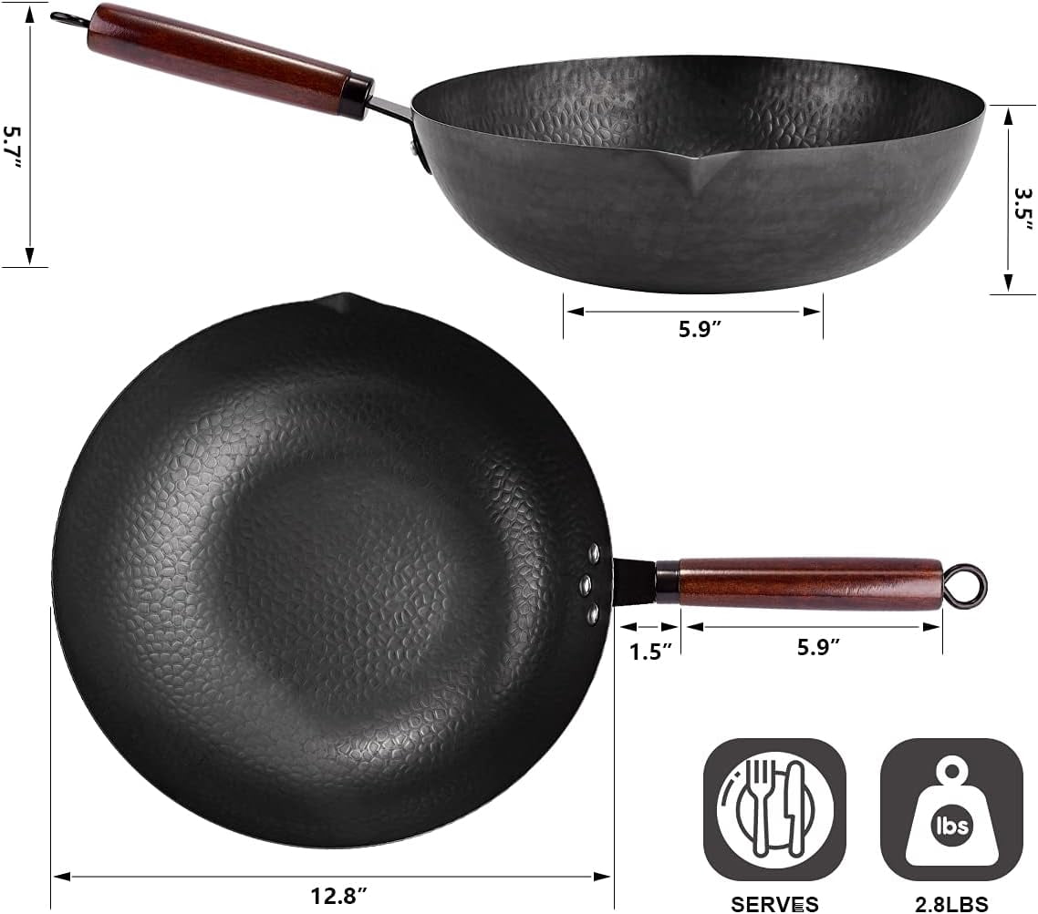 12.8" Carbon Steel Wok with 10 Cookware Accessories and Lid, Flat Bottom for Stovetops