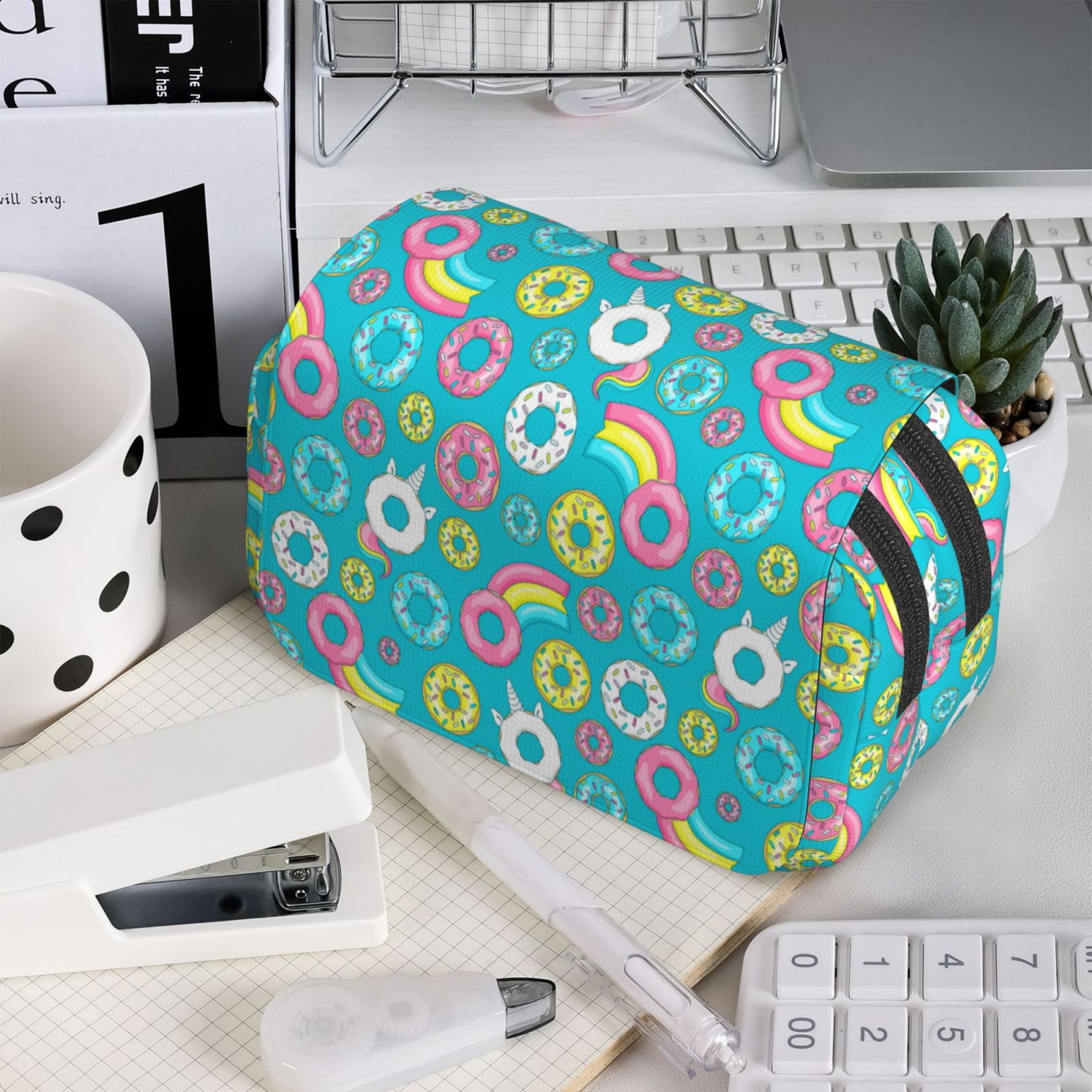 Rateoe Donut Pattern Double Clamshell Pen Case, Storage Organizer with Two Zipper Compartments– Holds Up to 50 Pencils & Pens