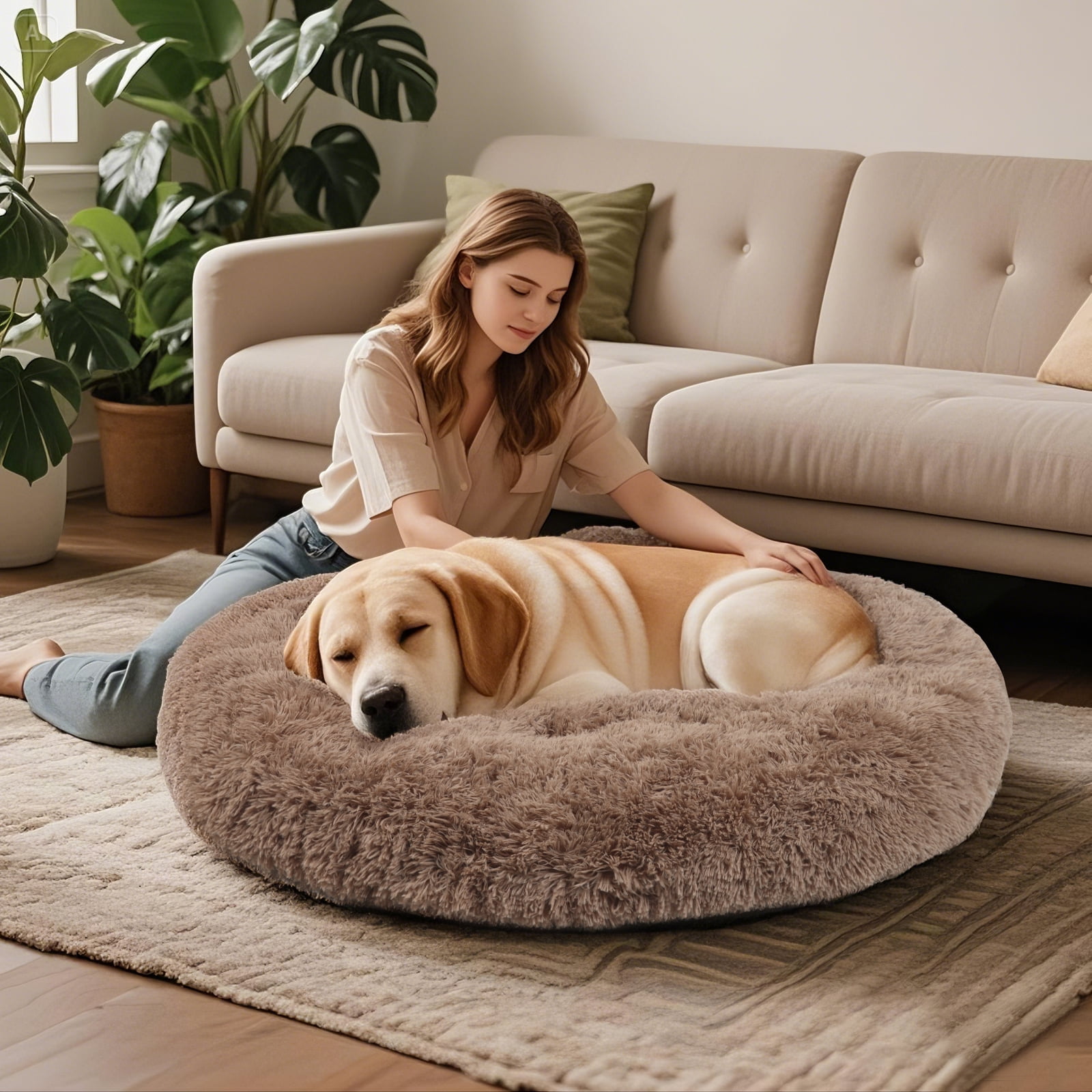 Katieovy Dog Bed for Large Dogs,Fluffy Calming Donut Dog Beds,40 inch Washable Plush Round Dog Mat with Non-Slip Bottom,Khaki