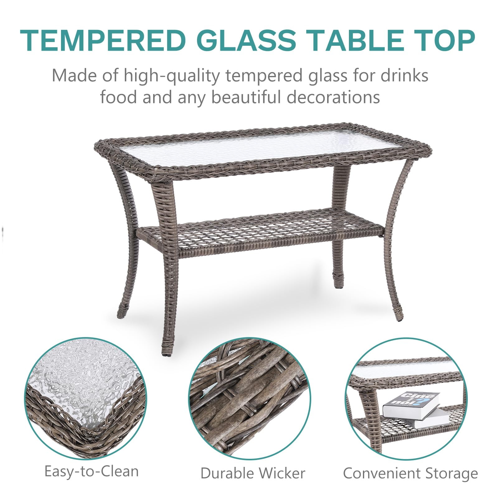 MEETWARM 7 Pieces Outdoor Patio Rattan Furniture Sets, All Weather Patio Wicker Conversation Set- 2 Rocking Chairs, 2 Swivel Chairs, 1 Loveseat Glider w/Cushions, 2 Glass-Top Coffee Table, Gray