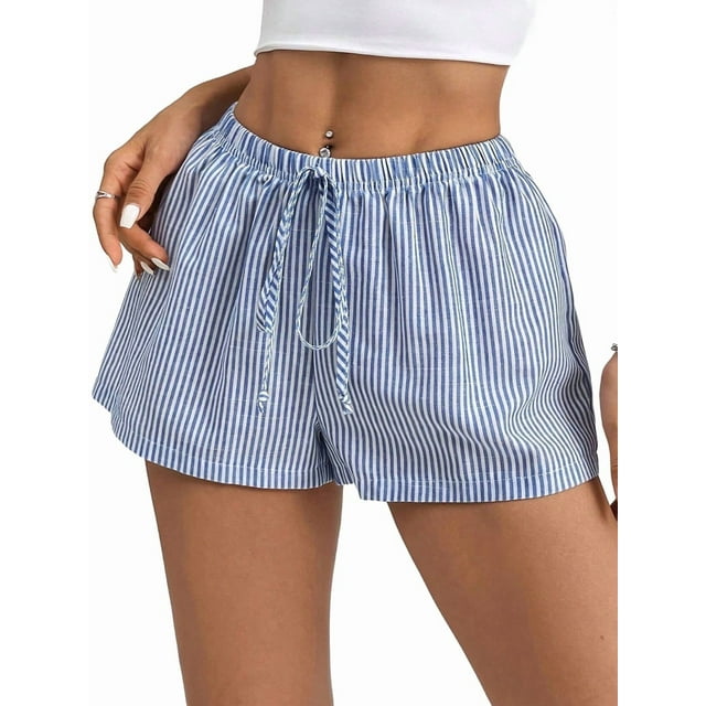 Women'S Striped Print Drawstring Elastic Waist Shorts Casual Wide Leg Low Rise Summer Boxer Shorts Blue S