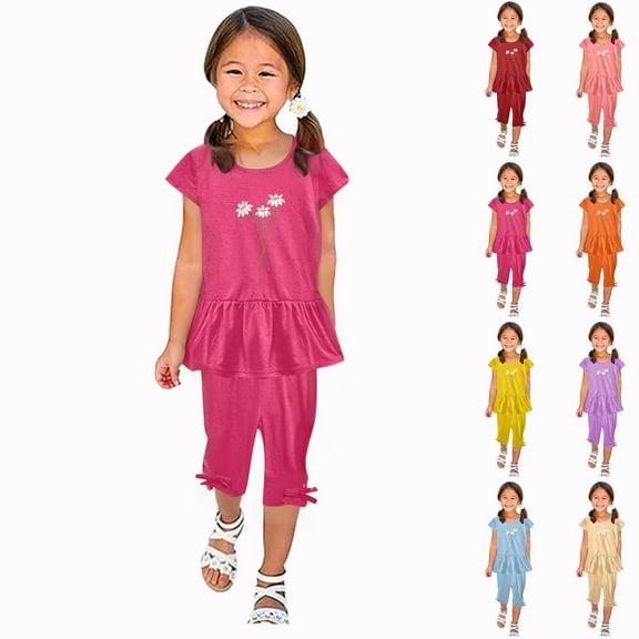 Uxgjfwu Girls Summer Outfits Short Sleeve Shirts Shorts Set Elastic Waist Shorts Two-piece Set