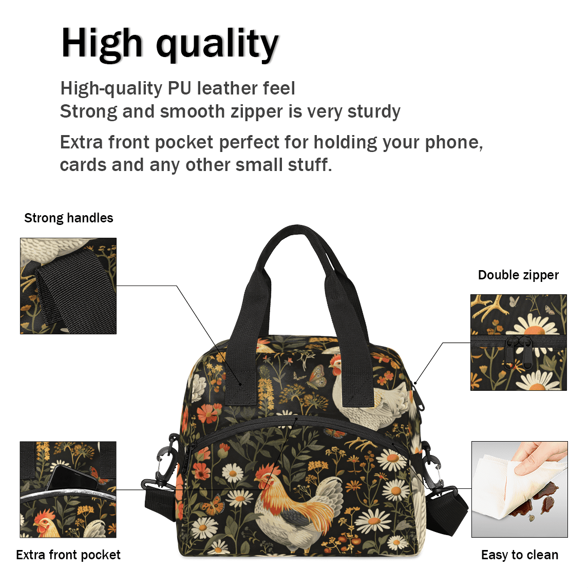 Herdesigns Chicken Cocks and Hens Rooster Insulated Lunch Bag for Women Men Adults Large Reusable Lunch Box Farm Animal Leakproof Cooler Tote Bags with Adjustable Shoulder Strap