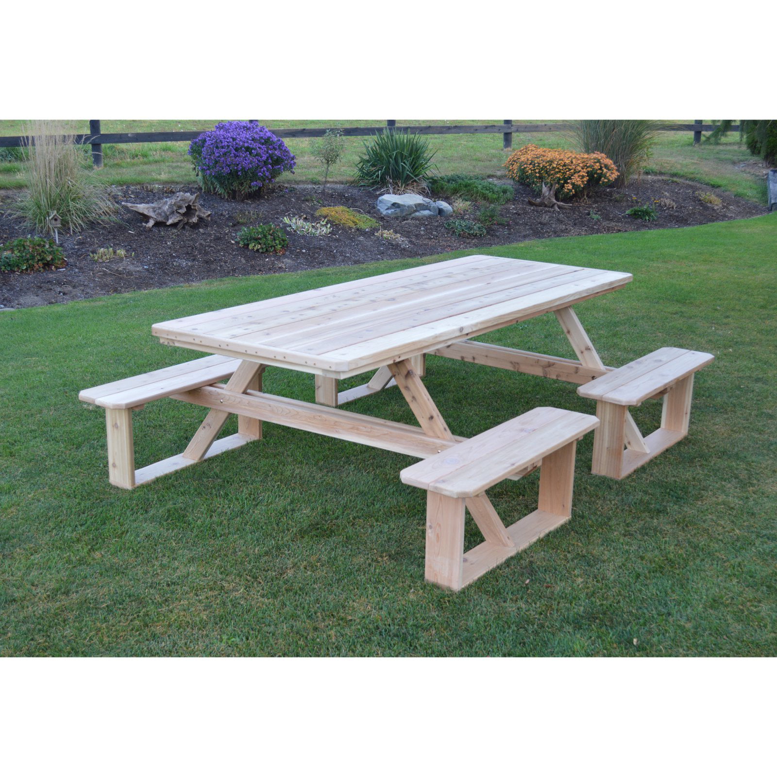 Amish Cedar Wood Table with Attached Benches