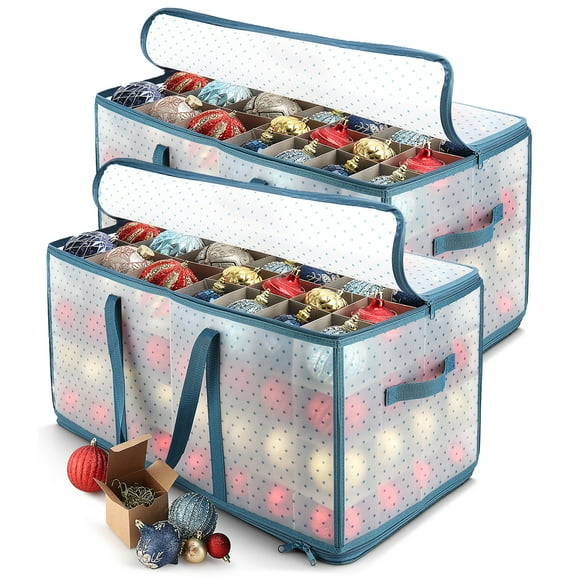Hearth & Harbor Pack of 2 Large Christmas Ornament Storage Box With Adjustable Dividers - Plastic Ornament Storage Container For 128 Holiday Ornaments or Decorations
