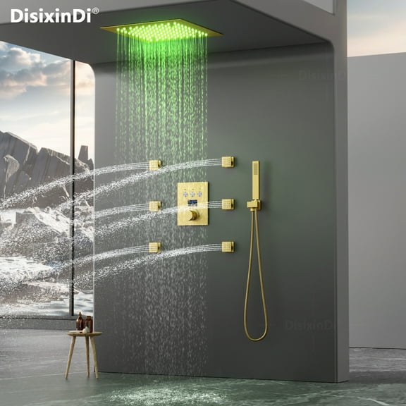 12 Inch Brushed Gold Ceiling Rain Shower Head Thermostatic Rainfall Shower System Set with Body Jets