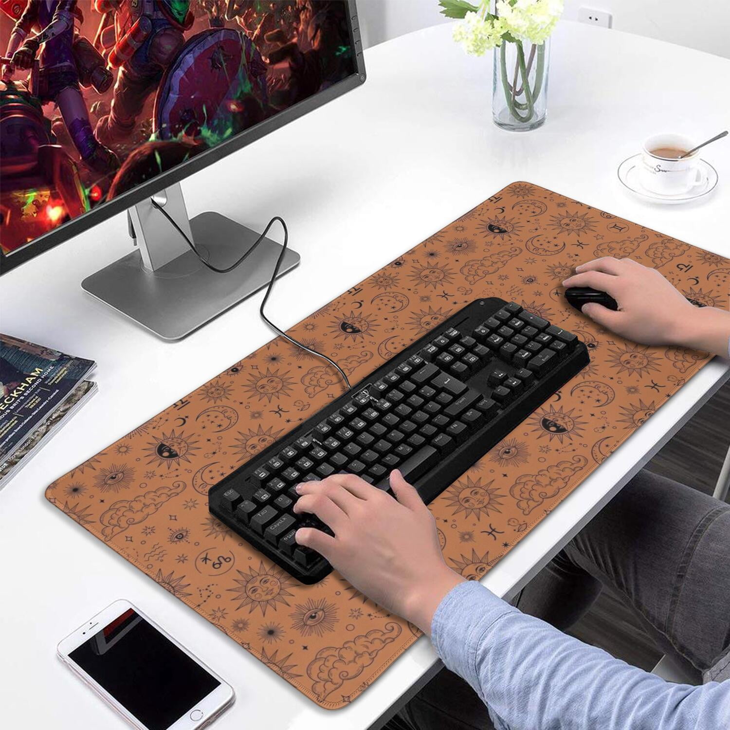 Long Mouse Pads for Desk,Orange Occult Pattern Desk Mats on Top Of Desks, Desk Mouse Pad Extra Large with 3mm Non-Slip Base and Stitched Edge for Gaming,Office,Work,Home 31.5"x15.7"