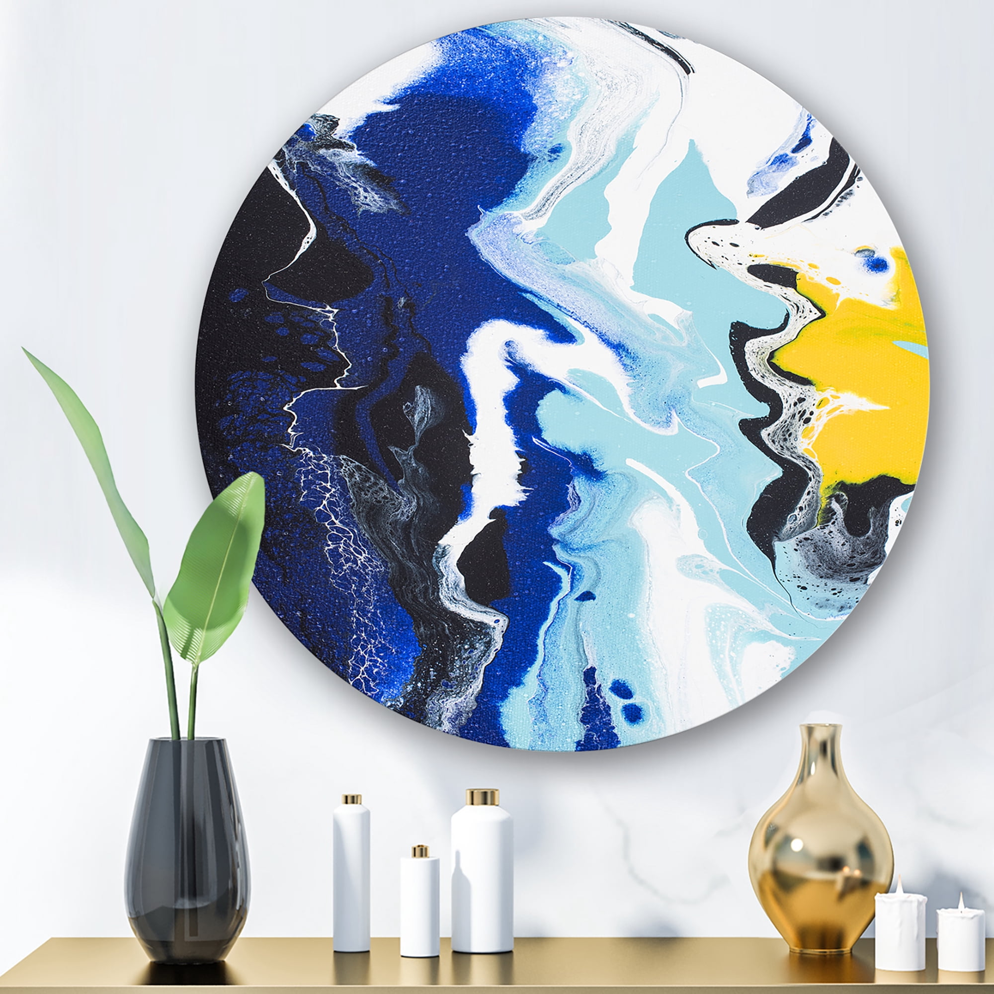 Designart 'Abstract Blue and Yellow Waves' Modern Circle Metal Wall Art 23x23 - Disc of 23