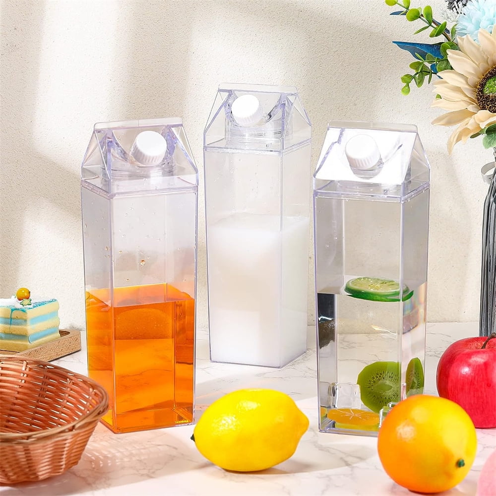 NOGIS 3 Pack Milk Carton Water Bottle, 34 oz Clear Plastic Milk Box Portable Square Juice Bottle for Outdoor Sports Travel Camping-BPA Free Eco-friendly Material