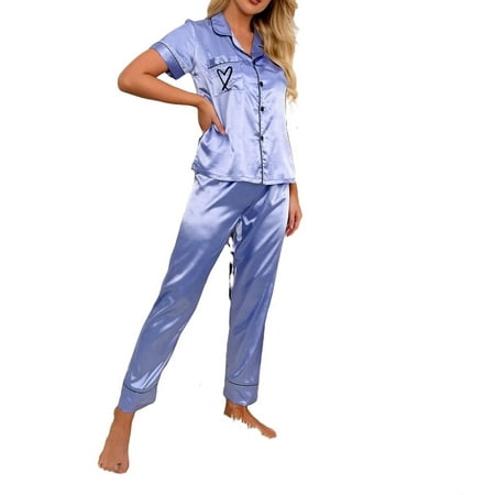 

Womens Pajama Sets Button Front Lapel Sleepwear Blue XS