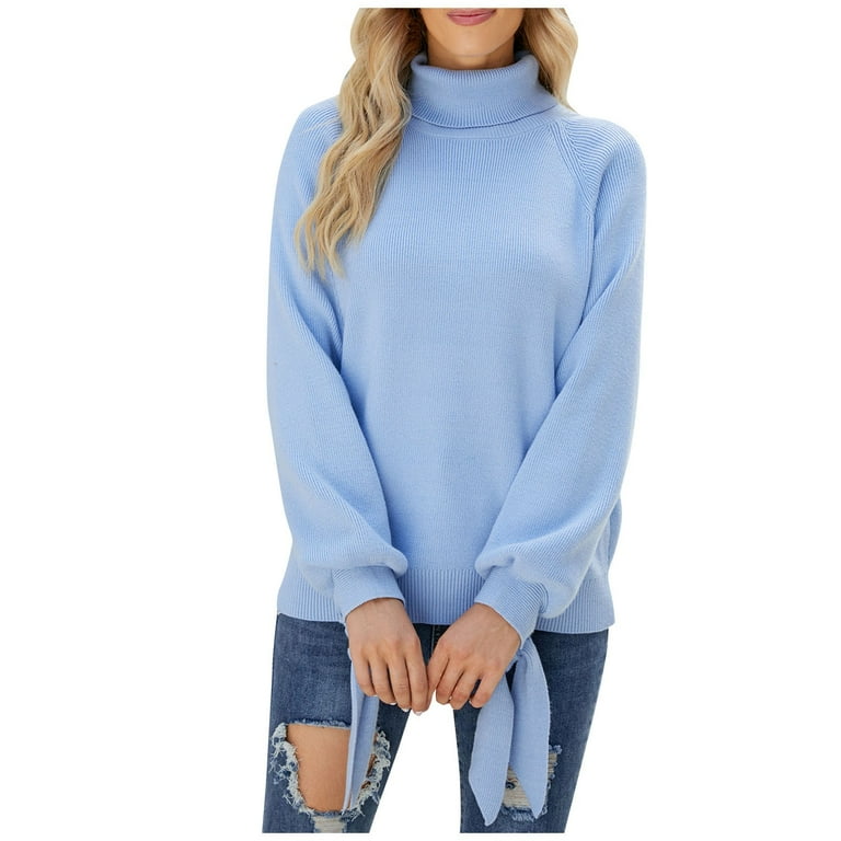 Women s Fall Clothes Cardigans Lightweight Sweaters For Women Sueteres Mujeres Calientitos Women s Solid Color High Neck Long Sleeve Knit Sweater Pullover Turtleneck Pullover L Blue TBKOMH Walmart