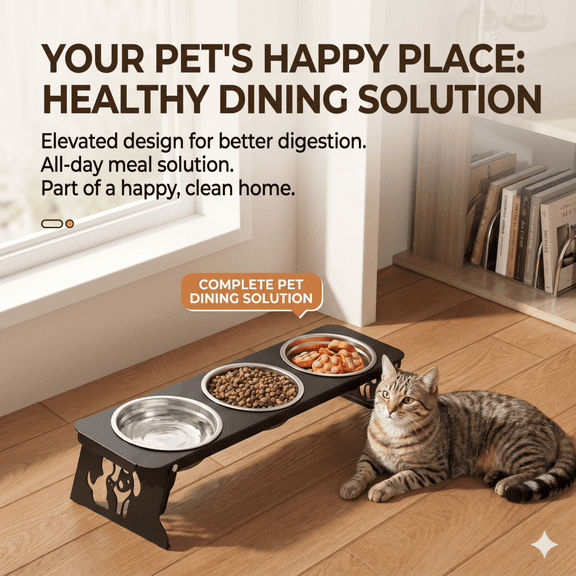 Elevated 3-Bowl Pet Feeder, Elevated Cat & Dog Bowls with Stainless Steel Inserts, Non-Slip Stable Stand for Water, Dry & Wet Food, Perfect Feeding Station for Pets