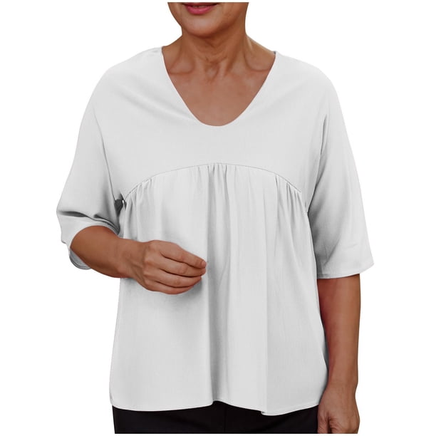 Vestidos Casuales Para Mujer, Blusas De Mujer De Moda Blusas de mujer de color liso con mangas raglán, cuello en V y patchwork plisado