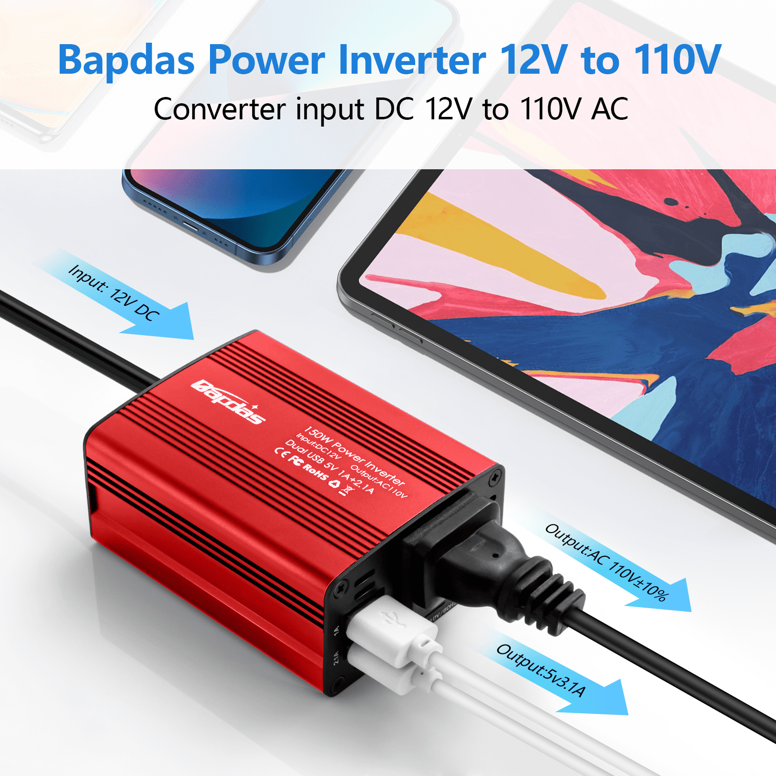 Bapdas 150 Watts Car Power Inverter DC 12V to 110V AC Car Adapter with 3.1A Dual USB Car Converter Red