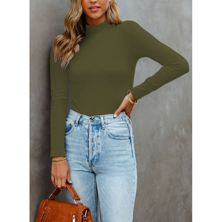 Vafful Women's Long Sleeve T Shirt Mock Neck Slim Tops for Womens Fitted  Ribbed Pullovers Tee Top S-XXL Army Green
