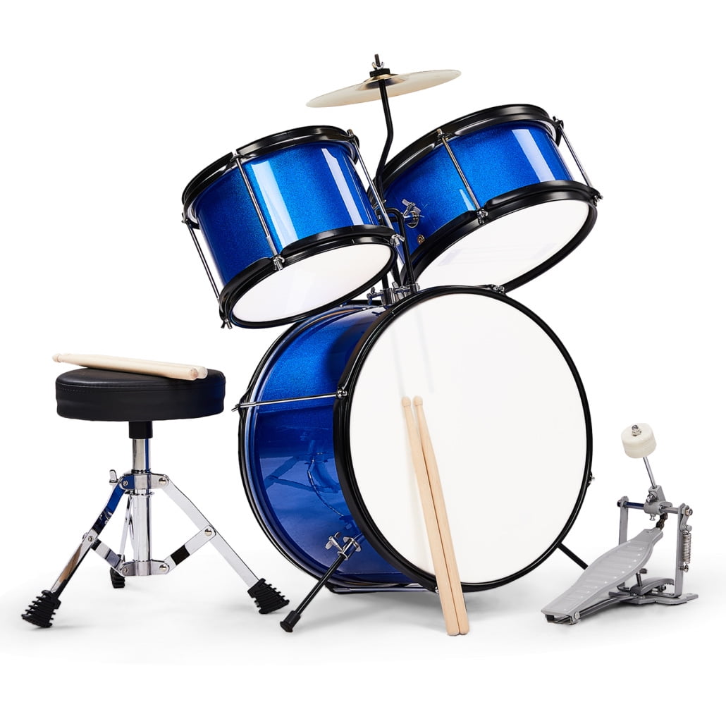 Drum Set 3-Piece for Beginners, 14 Inch Drum Musical Instruments with Adjustable Throne Stool Bass Drum Pedal and 2 Drumsticks, Drum Kit with Cymbal, Tom and Snare Drum, Blue