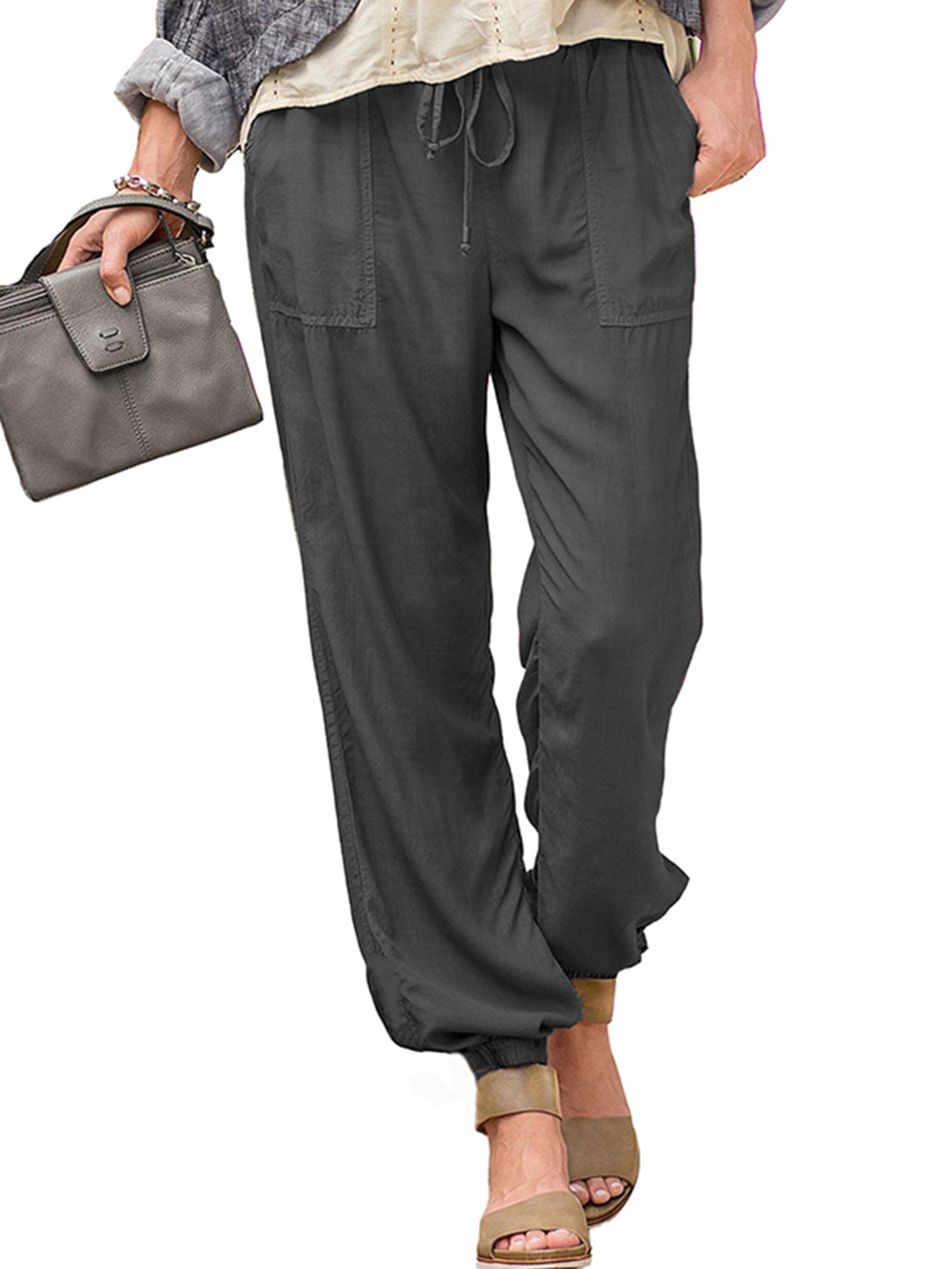 Women Plain Drawstring Elastic Waist Wide Leg Loose Pant Casual Summer