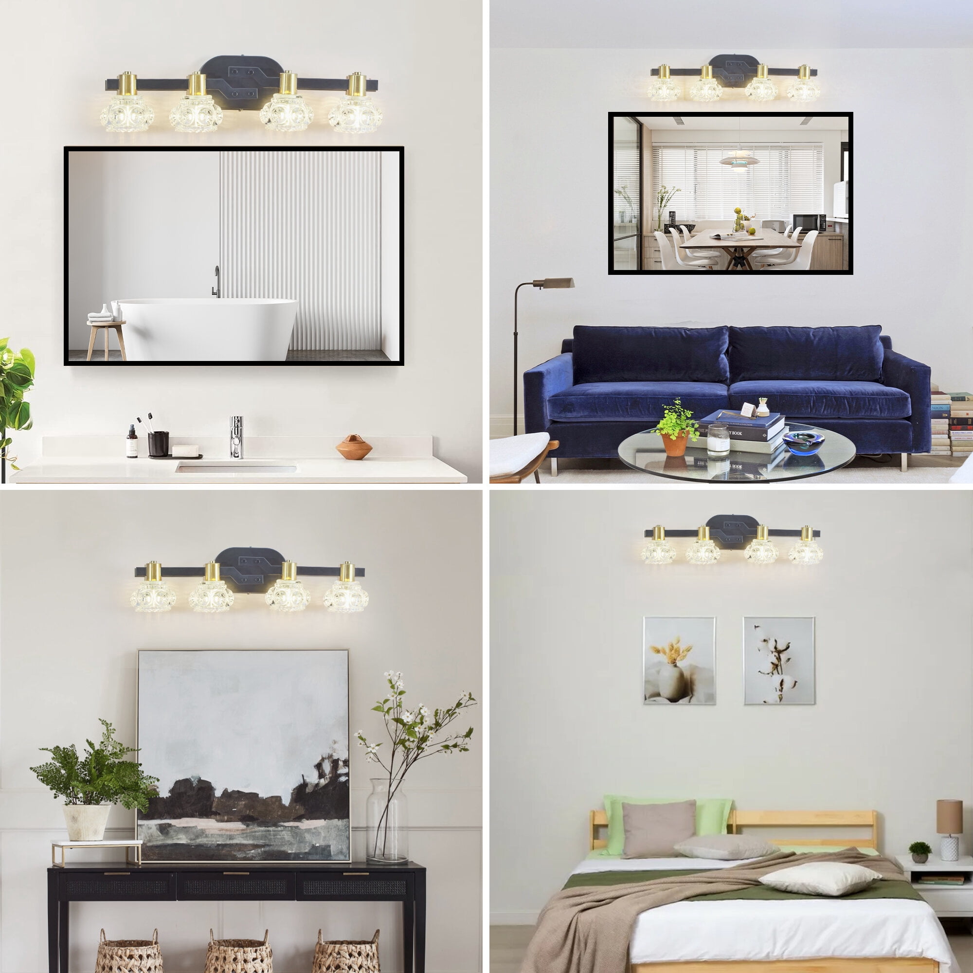 DUOSONG Vintage 4-Light Wall Sconce With Clear Crystal Shades, Black Iron Finish Vanity Light Fixture For Bathroom Or Hallway (No Bulbs) Black,Golden Crystal,Iron Lighting Bathroom Lighting