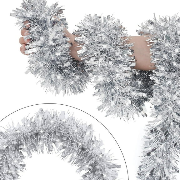 32 Feet Silver Christmas Metallic Tinsel Twist Hanging Garland with Snowflake for Home Mantle Xmas Tree Staircase Railing New Year Holiday Party Indoor Outdoor Decorations
