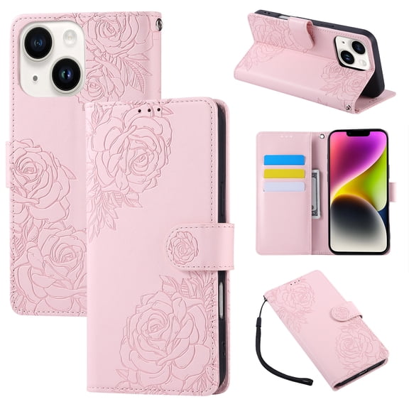 for iPhone 13 Case Wallet with Floral Embossed Design, Premium PU Leather TPU, Card Slots Kickstand Magnetic Clasp Wrist Strap Shockproof Full Body Cover for iPhone 13, Rosegold