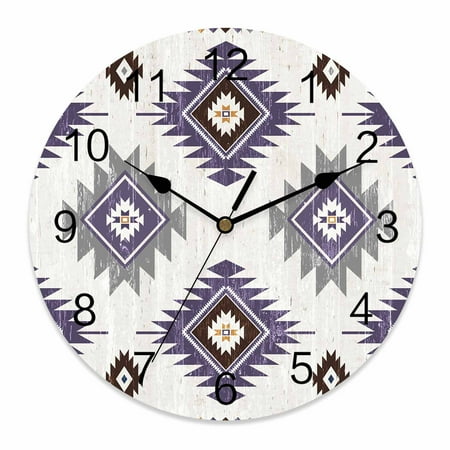 Wall Clock Purple Boho Aztec Clocks PVC Silent Non-Ticking Battery Operated Decorative Southwest Tribal Style Round Clock for Home Living Room Kitchen Bedroom Office School Wall Decor 10 Inch