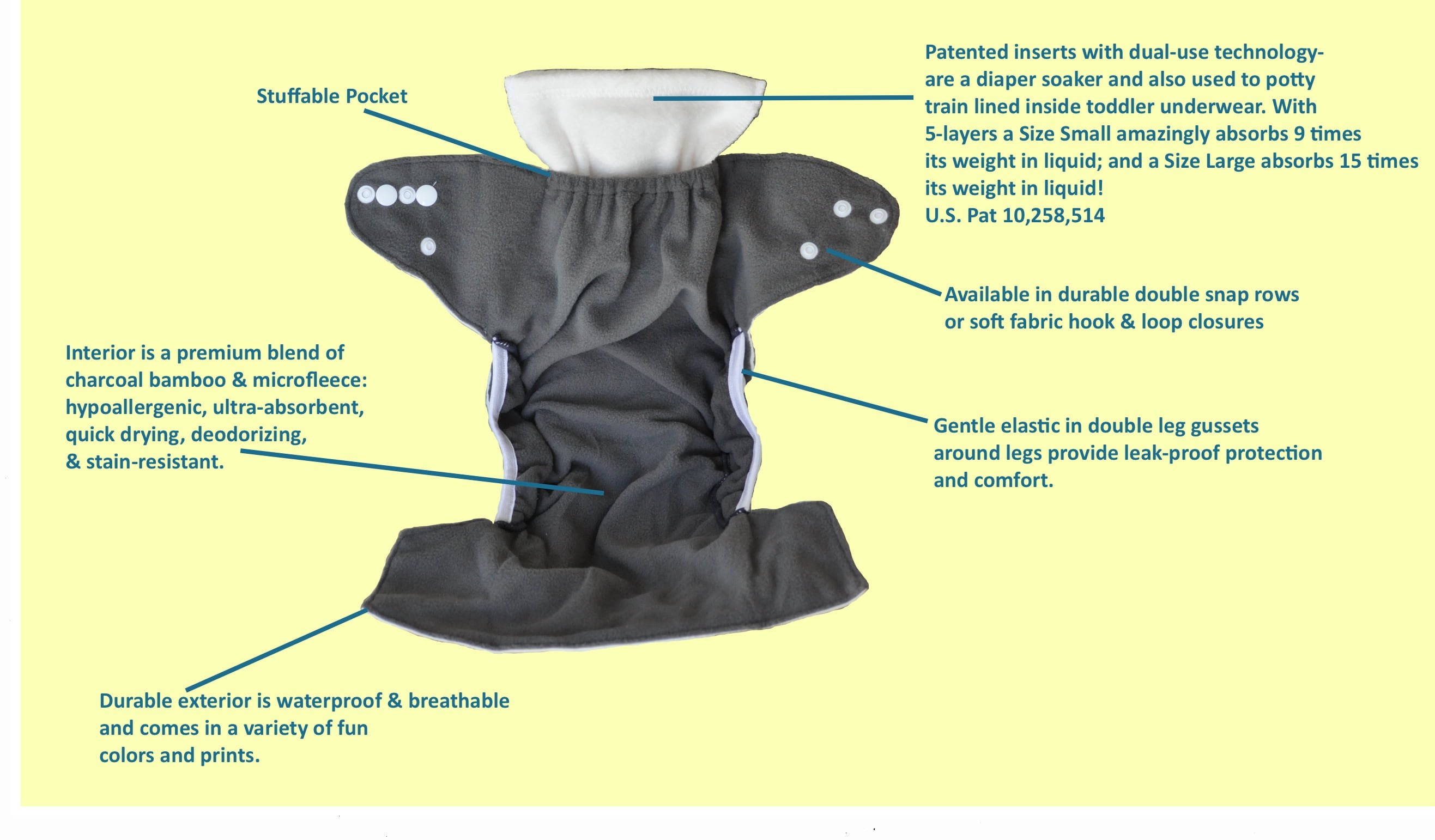 Kashmir Baby Charcoal Bamboo One Size Pocket Cloth Diapers 2 Pack. Snap Closure. “Pretty in Pink”