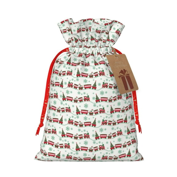 Honeii Christmas Train Print Small Burlap Bags,Christmas Drawstring Treat Bags Gift Bags Reusable Candy Goodie Wrapping Bags for Holiday Party Favors Supplies -Small