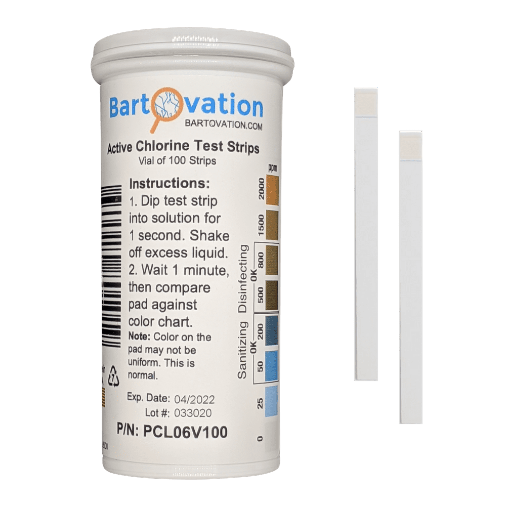 Active Chlorine/Bleach Test Strips, 02000 ppm, [Vial of 100 Strips