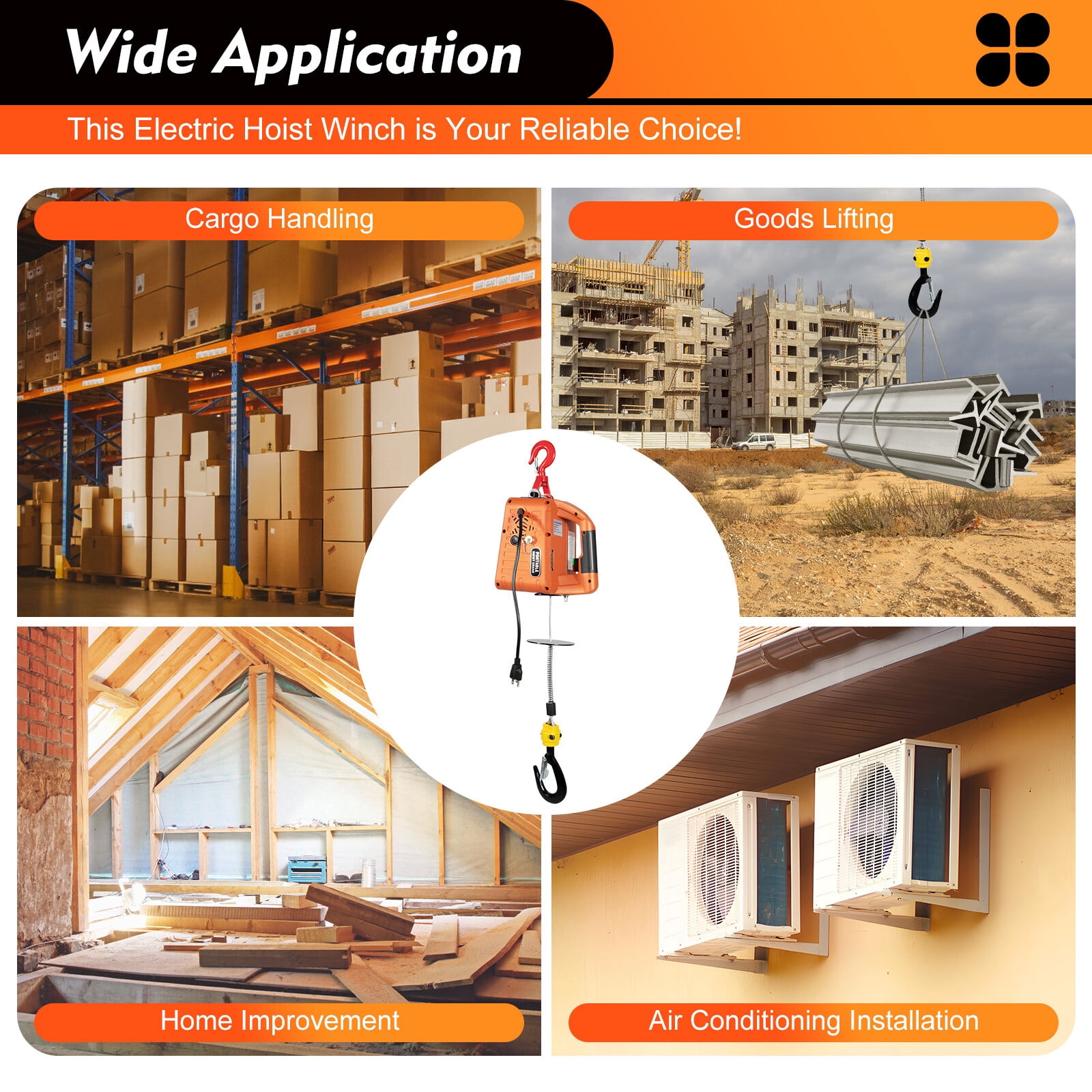 1500W 660 lbs Electric Hoist Winch Engine Crane Overhead Lifting Wireless Remote Orange for Gardens, Forests