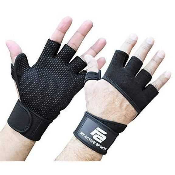 Fit Active Sports Weight Lifting Workout Gloves With Built In Wrist Wraps (Black, L)