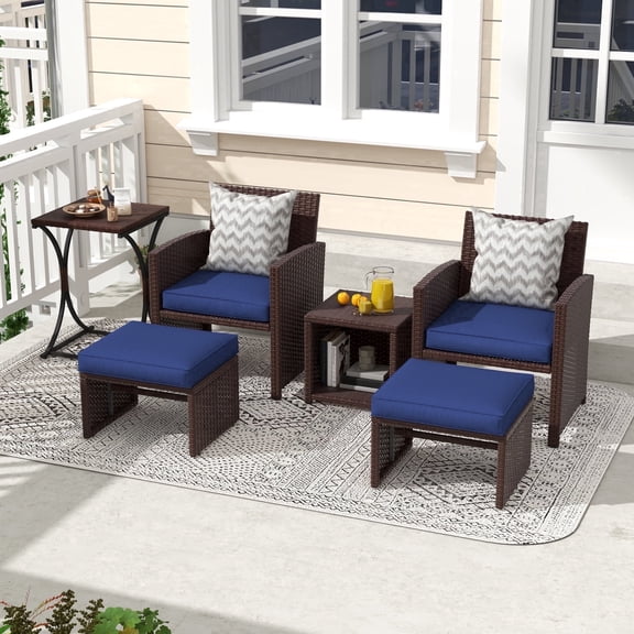 JOIVI 6-Piece Patio Wicker Furniture Set, Patio Furniture Set with Cushioned Ottoman and Coffee Table, Navy Blue & Brown